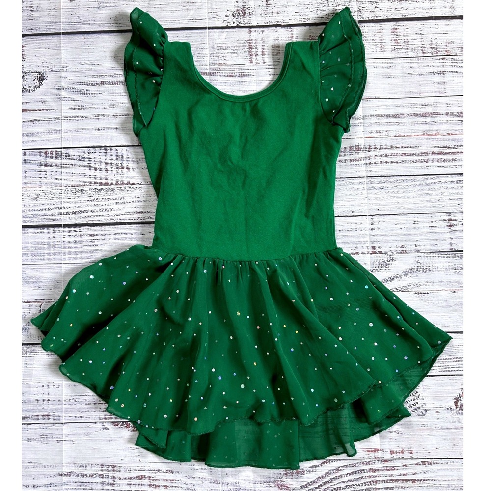Arshiner Ballet Leotard Kids Green Sequin Flutter Sleeve Tutu Dress Size 140